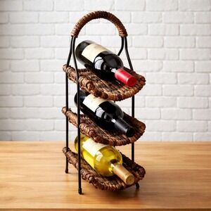 Vintage Seagrass Wine Rack 3 Bottle Woven Black Iron Cottagecore Boho Kitchen